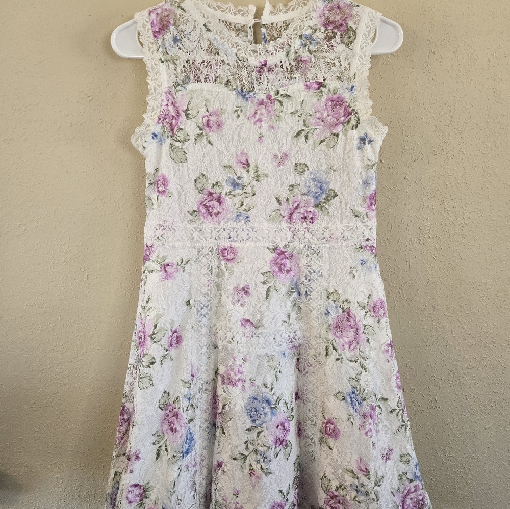 Knit Work Floral Lace Kids Dress - White, Pink, Blue Size 14